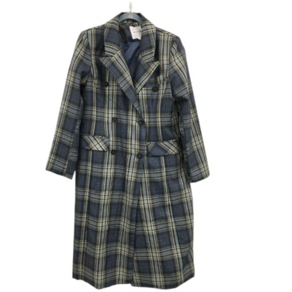 AVEC LES FILLES Double Breasted Plaid Duster Trench Coat In Blue/ Peach Plaid - Picture 3 of 7